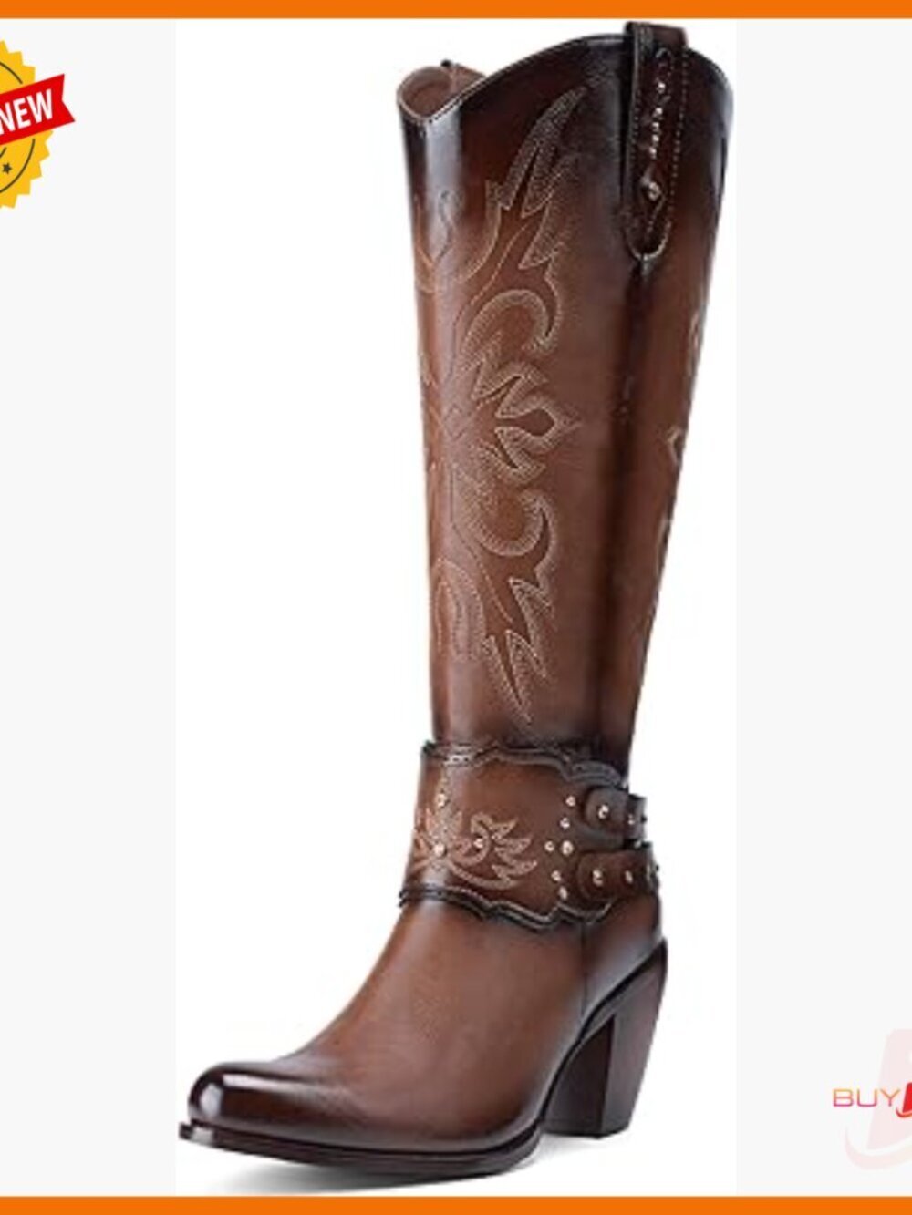 Knee High Cowboy Boots with Chunky Heel, Pull On Zipper, Western Style